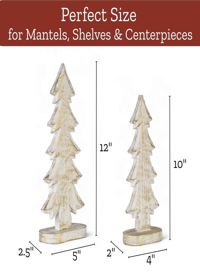Mie Creations Christmas Tree Set of 2 Figurines, X Mas Decorations for Home, Living Room, Table Centerpiece, Mantel, Winter Holidays Decor, Shabby Chic White & Gold Wooden Christmas Trees-12,10 inch - Image 5